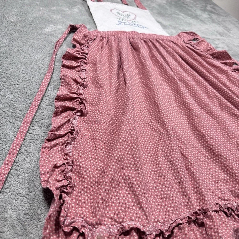 Pink Polka Dot Full Bib Apron Ruffle Trim Embroidered Heart Country‎ Kitchen